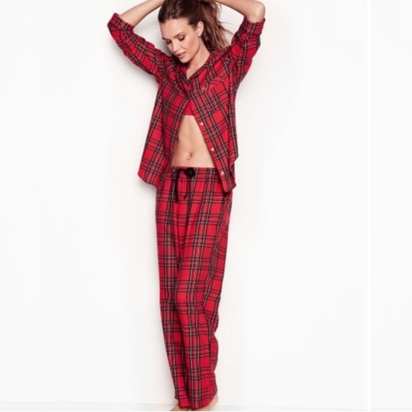 Victoria Secret Long Pajama Set Women's Red and Green Plaid Holiday Pajamas Sz M - Picture 1 of 15